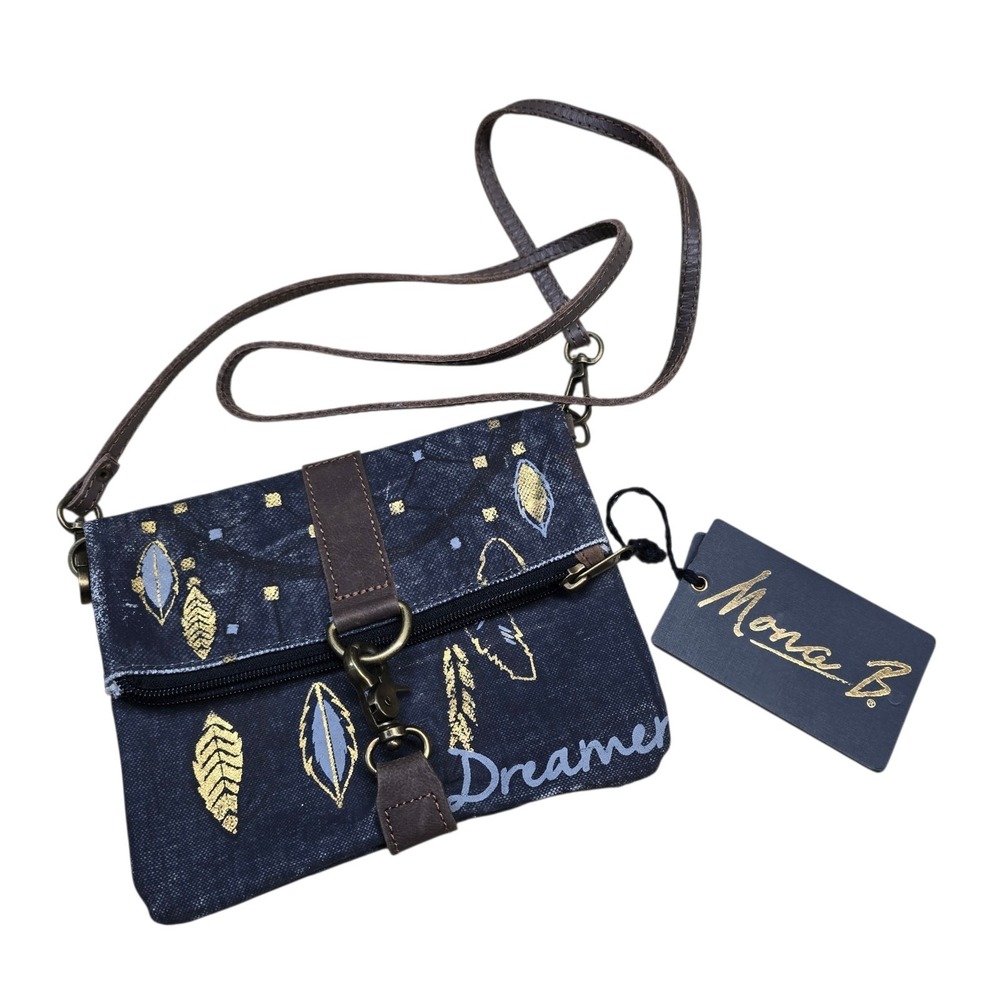 Mona B. Gold Feathers Tribal Dreams Rustic Canvas Crossbody‎ Foldover Purse Bag